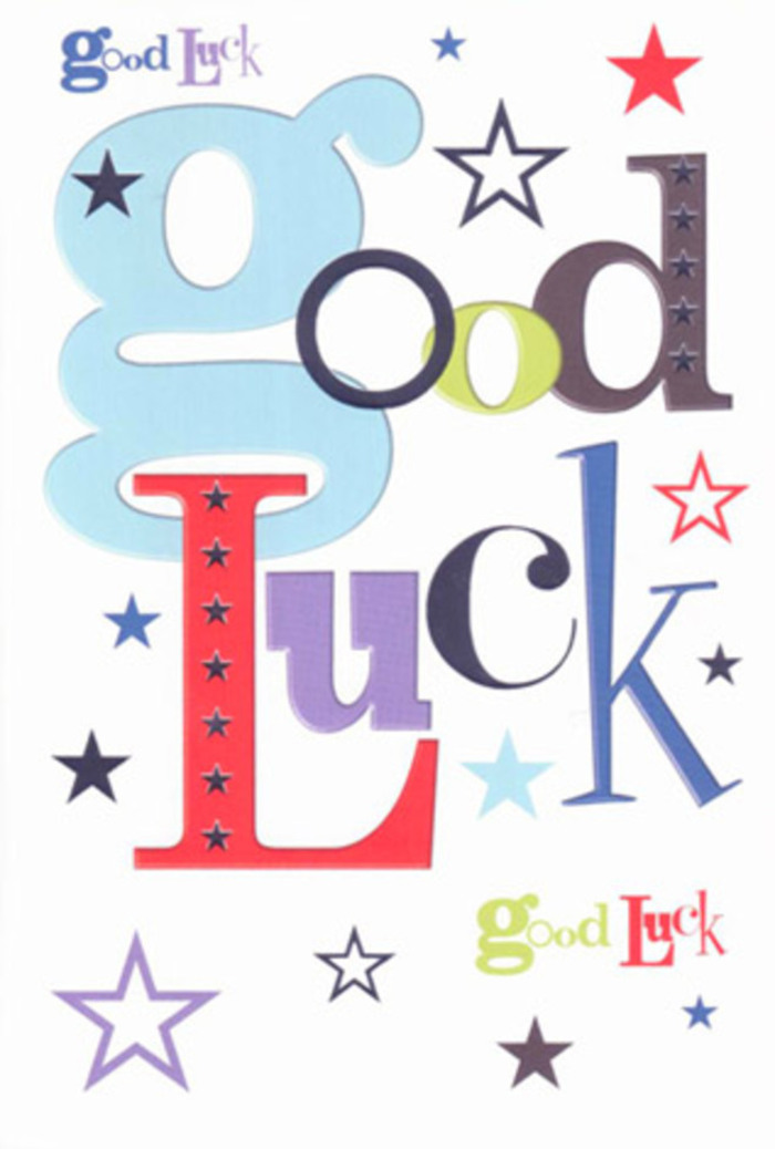 This luck-themed card radiates spirited, celebratory energy, like a round of applause captured in print and ready to be slipped alongside a bouquet on its way through Nine Elms. Dominating the centre is the phrase 'Good Luck', each letter crafted with its own personality: some are wide and pastel blue with a soft, friendly feel; others are slender, almost calligraphic, in midnight black; a few leap out in exuberant red or deep violet, while subtle mossy greens weave between them. The mix of fonts creates a sense of rhythm and movement, as if the words themselves are gently cheering from the sidelines. Dotted around and between the letters, small stars burst across the card-navy, cornflower blue, lilac, dusky purple, pale aqua and occasional lime-tinted tones-varying from bold, fully inked shapes to faint, whispery outlines. This scatter of stars evokes glitter tossed into the air or a clear evening sky over nearby Battersea Park, filled with distant lights and quiet wishes. The overall background remains a fresh, cloudy white, giving the colourful typography and stars plenty of breathing room and lending the design a modern, uncluttered look. The card appears to be printed on smooth, substantial cardstock, the sort that feels satisfyingly firm between your fingers, with ink that looks dense and even, suggesting a slight tactile difference where colours overlap. It carries the emotional warmth of friends gathered to wish someone well-a driving test, a new role in one of the riverside offices, or an exciting move into a first flat. Without needing any illustration of flowers, it mirrors the hopeful lift you get from a carefully chosen arrangement: uplifting, sincere and quietly full of belief in the person receiving it.