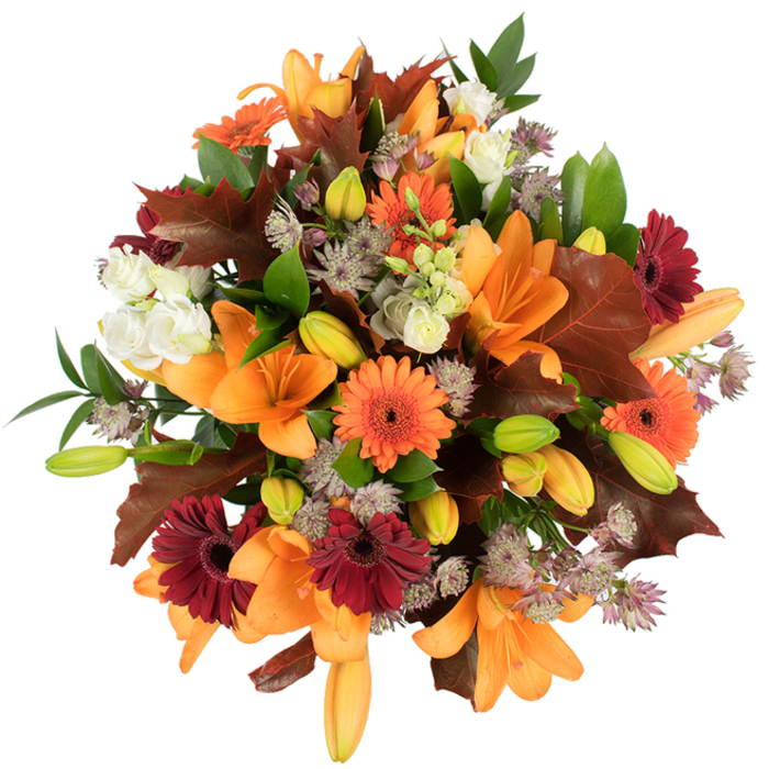 A richly composed autumn bouquet, seen from slightly above against a white studio background, that captures the warmth of the season in a compact, luxurious form. Several bold orange Asiatic lilies take centre stage, their broad, trumpet-shaped petals unfurling with a confident, architectural sweep; nearby, unopened lily buds in green and soft apricot promise continued life and change. Intermingled are vivid Gerbera daisies-brilliant pumpkin orange and a deep burgundy red-whose circular forms and dark centres bring playful contrast and a rustic cheer. Creamy Lisianthus with ruffled, paper-soft petals appear like little clouds among the stronger colours, while clusters of purple-grey Astrantia add fine, starry texture that breaks up the bouquet's mass and invites close inspection. Broad, lobed leaves in shades of deep maroon and chestnut are placed with an eye for naturalism, resembling collected fallen foliage from a stroll along the new riverside walks by Battersea Power Station and the landscaped green spaces of Nine Elms. Vibrant green foliage and slender stems provide structural clarity and freshness, holding the arrangement together and offering pleasing depth. The studio lighting is bright and pure, allowing each hue to pop and every surface-velvety petals, glossy leaves, papery oak-like foliage-to be read tactilely through sight. This arrangement, crafted by experienced hands and suitable as a focal Thanksgiving centrepiece, a heartfelt autumn gift, or warm seasonal décor, reflects a local florist's attention to texture, scent and balance; it's the kind of bouquet you might order for delivery across Nine Elms, to a home overlooking the Thames or as a welcoming touch for a Chelsea dinner party. Florist Nine Elms would describe it as a harvest-hearted composition: abundant, tactile and warmly evocative.