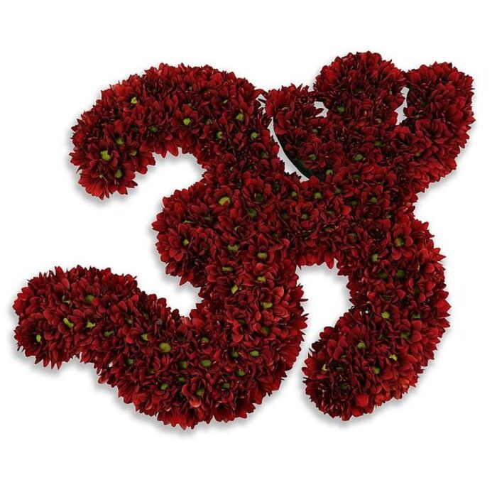 A densely packed floral sculpture forming the number '33,' rendered in a rich, deep burgundy that reads like velvet at a glance. The numerals are built from hundreds of small, button-style chrysanthemums-each blossom a compact rosette of petals with tiny green centres that puncture the crimson field and give the surface a living texture. The flowers are massed so closely that together they create a plush, tactile plane; the edges of each '3' are crisply defined, yet the overall effect is soft and substantial, like a pair of scented cushions. Placed against a pristine white background, the colour appears even more saturated, and a soft, diffused gray shadow beneath suggests the piece is gently raised, lending a sculptural presence to the composition. This visual could be commissioned for a thirty-third birthday, an anniversary milestone, a memorial tribute or to celebrate a sports jersey number at a local club. As a florist working in Nine Elms, I often craft these bold numerical pieces for events along Nine Elms Lane and deliveries near Battersea Power Station; at Florist Nine Elms we pay attention to scent and longevity, choosing chrysanthemum varieties that retain their form and hush their fragrance so the tribute reads as dignified rather than overpowering. The arrangement balances celebration and solemnity-its deep hue and neat construction communicate significance, while the small green centres and soft shadowing keep it intimate, honed for a room where people gather to mark a meaningful thirty-three.