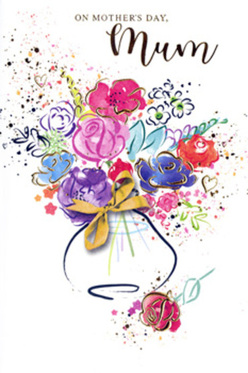 This artistic Mother's Day card is designed like an expressive florist's sketch brought to life in watercolour, the kind you could imagine inspired by the flower stalls and riverside gardens around Nine Elms. At the centre, a lively bouquet fills the card, with deep indigo outlines shaping the petals and stems of generous cerise blooms, rosy pink blossoms, and hints of rich purple and cobalt blue. Soft washes of colour bleed gently into one another, creating a feeling of movement, as though the bouquet has just been gathered and placed into the vase in one joyful sweep. Gold highlights glimmer delicately along petal edges and leaf veins, giving the impression of light catching fresh, velvety petals on a sunny May morning. Around the arrangement, subtle heart shapes and playful splatters of paint drift across the white background, adding a sense of celebration and tender whimsy, like confetti thrown at a family gathering. The vase below is simple yet full of character, its shape loosely painted and finished with a slender golden bow that hints at the thoughtful presentation of a hand-tied bouquet. The colour palette remains harmonious despite its energy, with each bloom placed to balance the next, echoing the way an experienced florist in Nine Elms might balance texture and shade. The overall composition feels both spontaneous and intentional, an illustration that captures the emotion behind Mother's Day: gratitude, affection, and the comforting sense of being held in a loving embrace, translated into strokes of colour and light.
