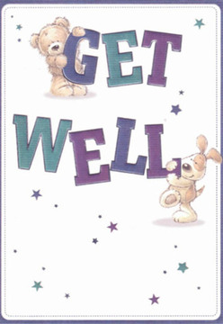 Radiating the gentle reassurance found in the leafy corners of Nine Elms, this get well card features the joyful partnership of an adorable teddy bear and a lovable puppy, each playing their part in sending warm wishes. Set against a spotless, inviting white background reminiscent of the light-filled apartments along the Thames, the bear clutches cheerfully at the top of the word 'GET', while the dog snuggles close by 'WELL', both rendered with rounded shapes and inviting smiles. The striking indigos and tranquil teals that colour the bold letters echo the vibrant floral arrangements proudly designed by local florists in Nine Elms. Sprinkled stars - painted in faded blue and purple - offer a twinkling promise of hope, much like the sense that lingers after a neighbour drops by with a bouquet of fresh blooms. The scene's tactile details, from the bear's plush fur to the puppy's gentle ears, evoke comfort with every glance. Altogether, the card's lively artistry and tender message together form an emotional tonic, tailored for those in recovery throughout Nine Elms-a visual hug as heartfelt and restorative as a hand-delivered bouquet.