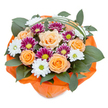 Meticulously arranged by local floral experts, this bouquet bursts with warm, cheerful tones that echo the community spirit found in Nine Elms. Against a clear white background, peach-orange roses-full and velvety-form the vivid focal point, their gently unfurling petals radiating both softness and strength. Interspersed with these are vivid magenta and deep purple chrysanthemums, their intricate petals emphasizing texture and creating visual contrast, while crisp white daisy-like blooms with yellow-green centers bring an element of freshness and purity. Robust, dark green foliage, perhaps ruscus or another lush leaf, frames the flowers; it gives the bouquet a grounded, abundant feel, similar to parklands shadowing the nearby Thames Path. Arcing delicately above the arrangement, bear grass or similar fine greenery adds a subtle, graceful lift, enhancing the bouquet's movement and modern aesthetic. At the base, a wrap of crinkled, bright orange paper ties the piece together, its color reinforcing the warmth and lively attitude that define Nine Elms. Perfect for birthdays, celebrations, or for sending well wishes across SW8, this floral design encapsulates not just the art of floristry but the vibrancy and renewal of its neighborhood.