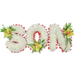 A tender, three-dimensional memorial spelling out SON, each letter sculpted from dense clusters of small, pure white chrysanthemum blooms that create a pillow-soft, cloud-like surface. The letters sit against a clean white backdrop so every ripple of petals and shadow is visible; the chrysanthemums' tightly packed heads give the composition a quiet, reverent calm. A continuous, scalloped border of vivid red ribbon is artfully tucked around the outer edges and into the hollow of the O, the loops catching light and offering a bold contrast that reads as love and remembrance. At three anchor points-upper left of the S, the base of the O, and the upper right of the N-sit lime-green Cymbidium orchids with waxy petals and a pale orange to reddish-brown throat, their satin texture and subtle fragrance providing a gentle counterpoint to the matte chrysanthemum heads. Lush green foliage, including long glossy leaves and delicate fern fronds, fans around each orchid, lifting the overall silhouette and giving the letters a living, organic finish. The arrangement is lit with soft studio light that emphasises texture rather than colour saturation, perfect for a funeral service or graveside tribute where dignity and clarity matter. As a local florist familiar with Nine Elms and the nearby Battersea community, I picture this piece laid near a chapel door or at a graveside, its crisp whites and striking red ribbon speaking of purity, courage, and memory. The craftsmanship-tight petals, precise ribbon scallops, balanced orchid placement-reflects floral practice that comforts families during loss while honouring a beloved son.